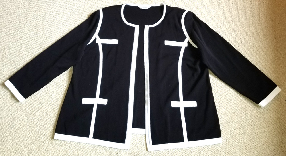 Womens Sweater/Jacket-MISOOK-black/white knit blazer open Luxury Old Money-1X